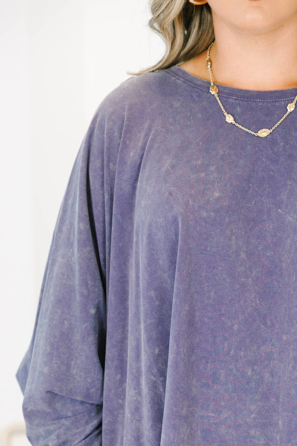 Plus Size plum mineral wash tunic with an oversized fit, long sleeves, and a round neckline.