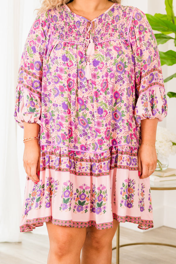 Chic Soul plus size clothing, pink quarter sleeve flowy dress with pink floral pattern and tassels on the neckline