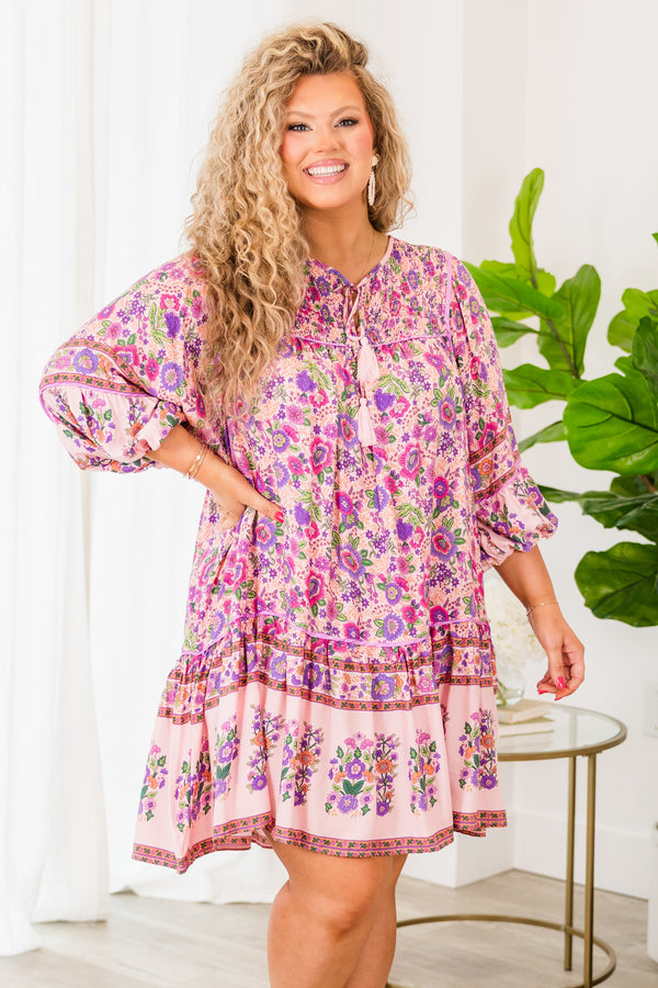 Chic Soul plus size clothing, pink quarter sleeve flowy dress with pink floral pattern and tassels on the neckline