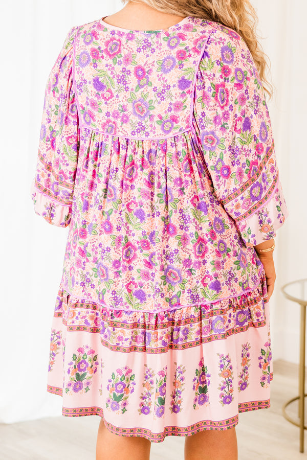 Chic Soul plus size clothing, pink quarter sleeve flowy dress with pink floral pattern and tassels on the neckline
