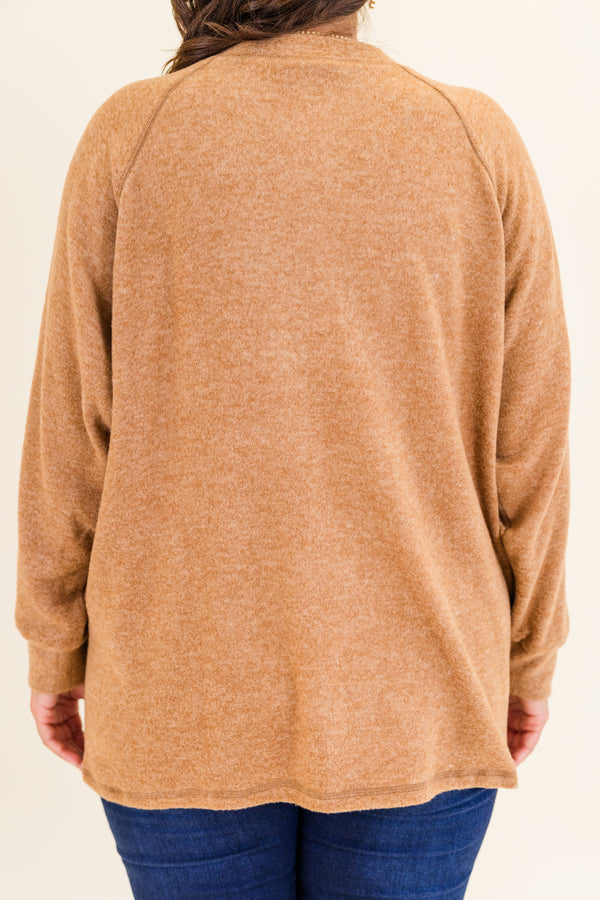 Chic Soul plus size clothing, deep camel long sleeve soft pullover with button up detail on neckline with cuff sleeves