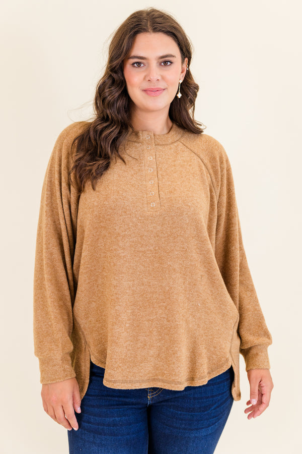 Chic Soul plus size clothing, deep camel long sleeve soft pullover with button up detail on neckline with cuff sleeves