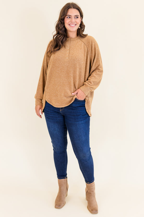 Chic Soul plus size clothing, deep camel long sleeve soft pullover with button up detail on neckline with cuff sleeves