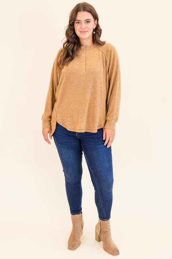 Chic Soul plus size clothing, deep camel long sleeve soft pullover with button up detail on neckline with cuff sleeves