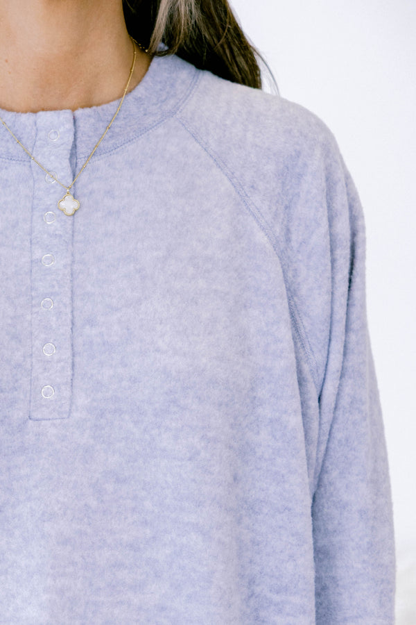 Chic Soul plus size clothing, heather grey long sleeve pullover with round neckline with button up detail and cuff sleeves