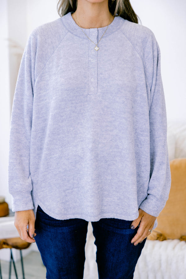Chic Soul plus size clothing, heather grey long sleeve pullover with round neckline with button up detail and cuff sleeves