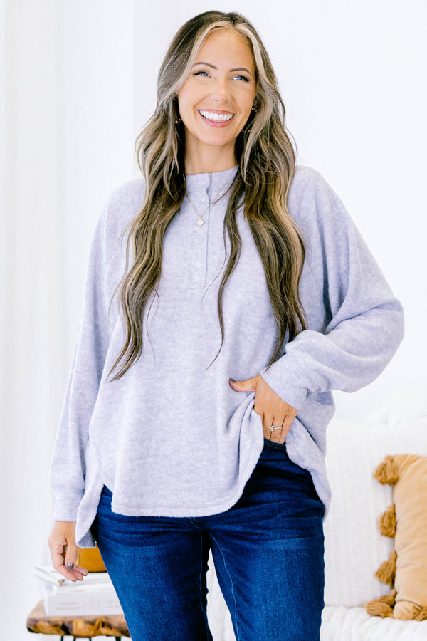 Chic Soul plus size clothing, heather grey long sleeve pullover with round neckline with button up detail and cuff sleeves