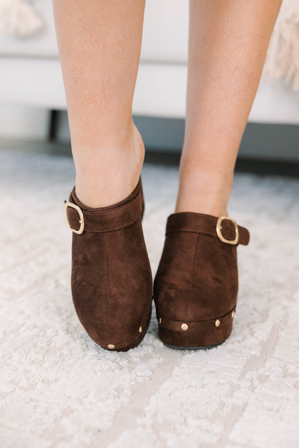 Plus Size chocolate brown suede platform clogs with gold stud details and a decorative side buckle.