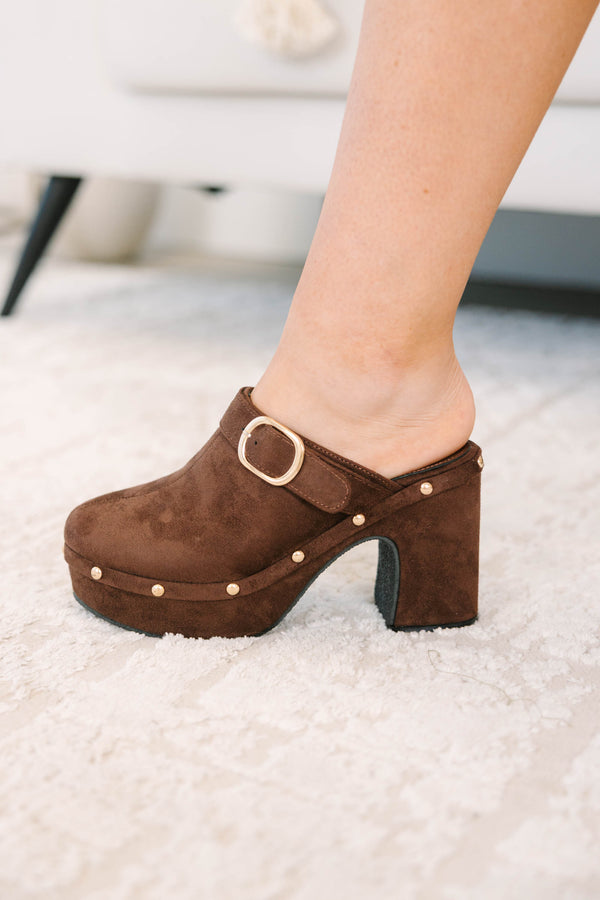 Plus Size chocolate brown suede platform clogs with gold stud details and a decorative side buckle.