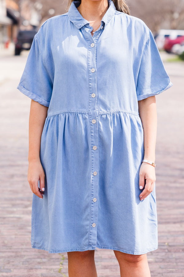 Chic Soul plus size clothing, light wash short sleeve denim dress with collar and button details