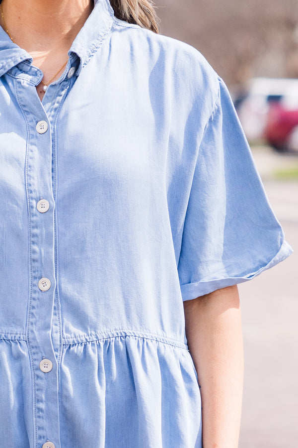 Chic Soul plus size clothing, light wash short sleeve denim dress with collar and button details