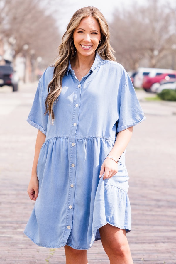 Chic Soul plus size clothing, light wash short sleeve denim dress with collar and button details