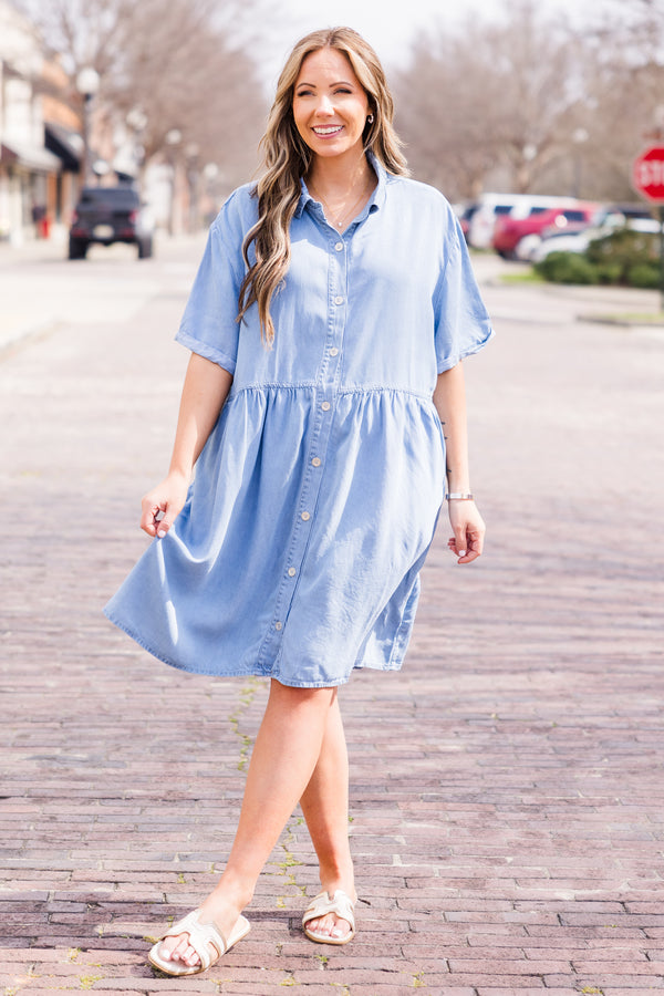 Chic Soul plus size clothing, light wash short sleeve denim dress with collar and button details