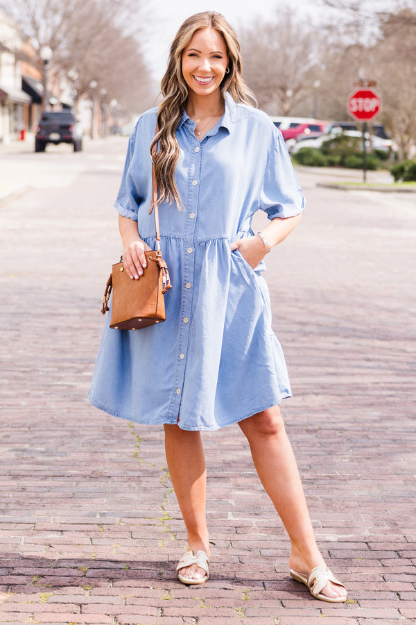 Chic Soul plus size clothing, light wash short sleeve denim dress with collar and button details