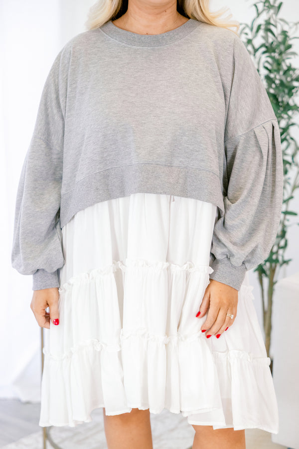 Chic Soul plus size clothing, gray short dress with sweatshirt inspired bodice and woven bottom