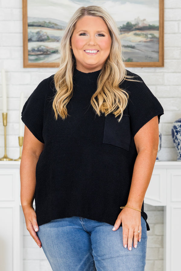 Chic Soul plus size clothing, black knitted top with a mock neck and a pocket on left chest area