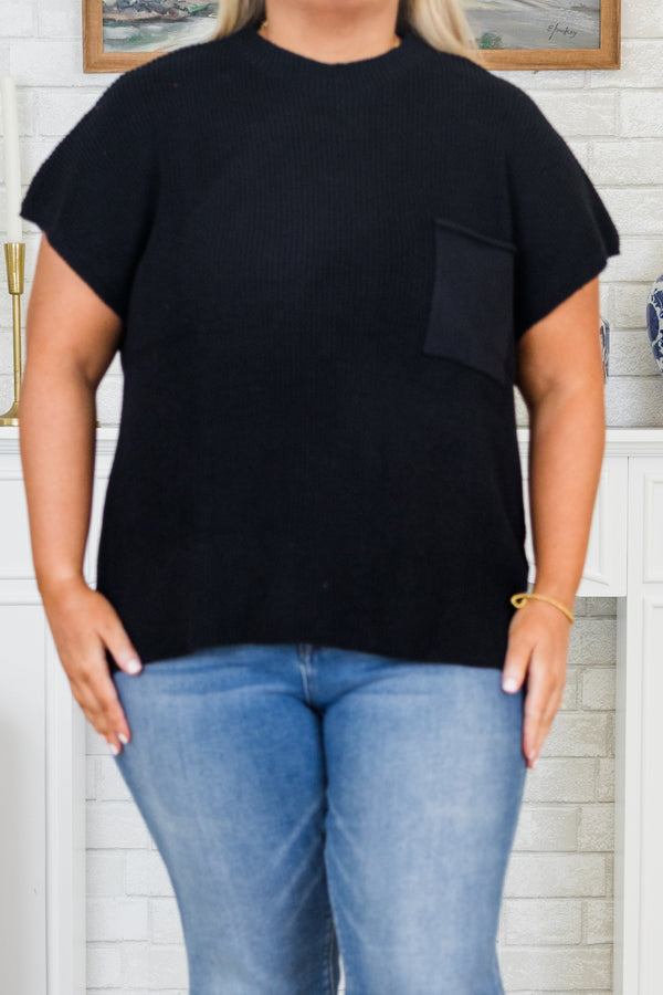 Chic Soul plus size clothing, black knitted top with a mock neck and a pocket on left chest area