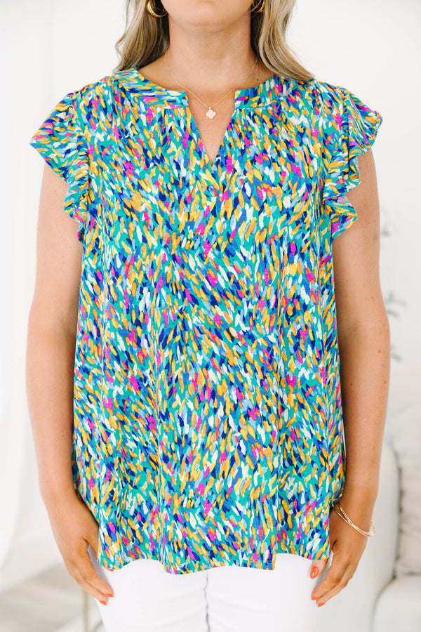 Chic Soul plus size clothing, blue multi abstract print short sleeve top with v cutout along neckline with ruffle detail on sleeves