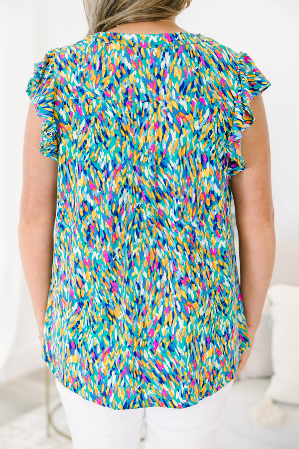 Chic Soul plus size clothing, blue multi abstract print short sleeve top with v cutout along neckline with ruffle detail on sleeves