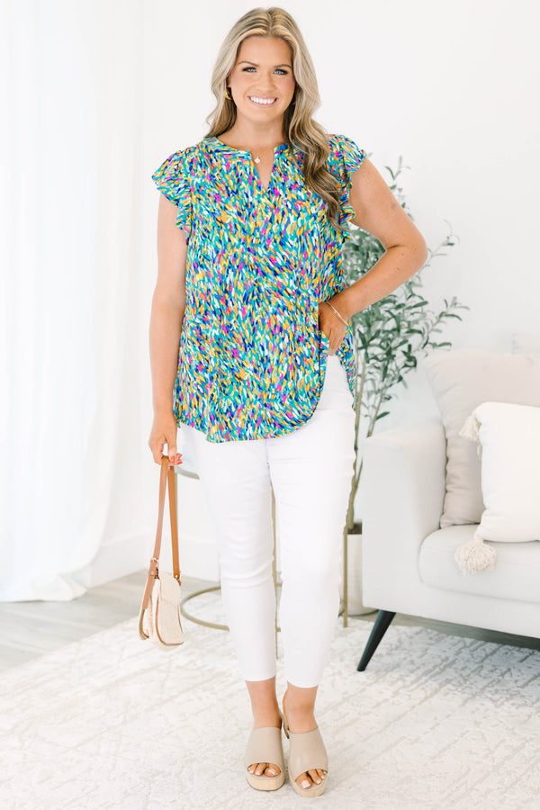 Chic Soul plus size clothing, blue multi abstract print short sleeve top with v cutout along neckline with ruffle detail on sleeves