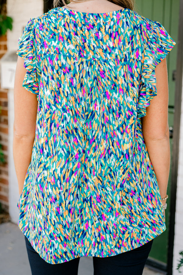 Chic Soul plus size clothing, blue multi abstract print short sleeve top with v cutout along neckline with ruffle detail on sleeves