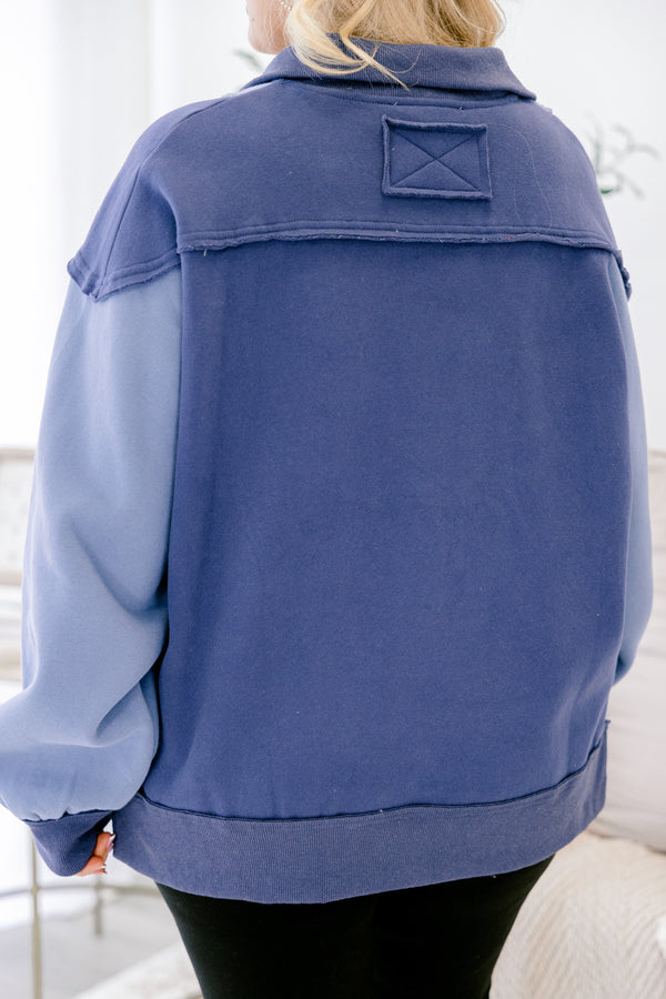 Chic Soul plus size clothing, dark and light blue color blocked quarter zip pullover