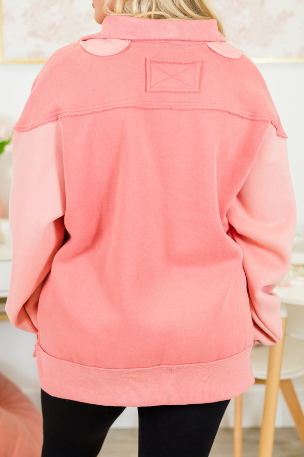 Chic Soul plus size clothing, quarter-zip salmon pink collared pullover with a lighter pink salmon color block pattern and an inside-out distressed stitching detail