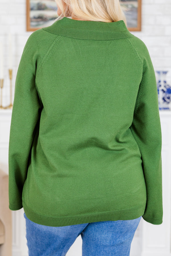 Chic Soul plus size clothing, wide-long-sleeve olive green sweater with collared v-neckline and kangaroo pockets