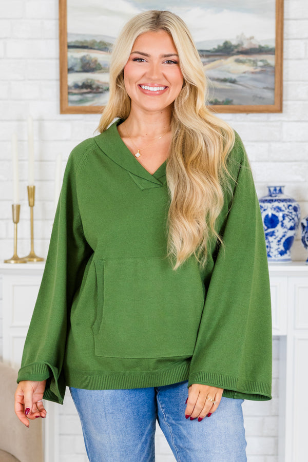 Chic Soul plus size clothing, wide-long-sleeve olive green sweater with collared v-neckline and kangaroo pockets