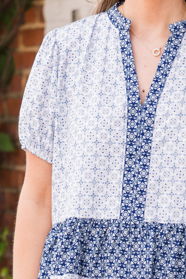 Chic Soul plus size clothing, blue paisley babydoll short sleeve short dress