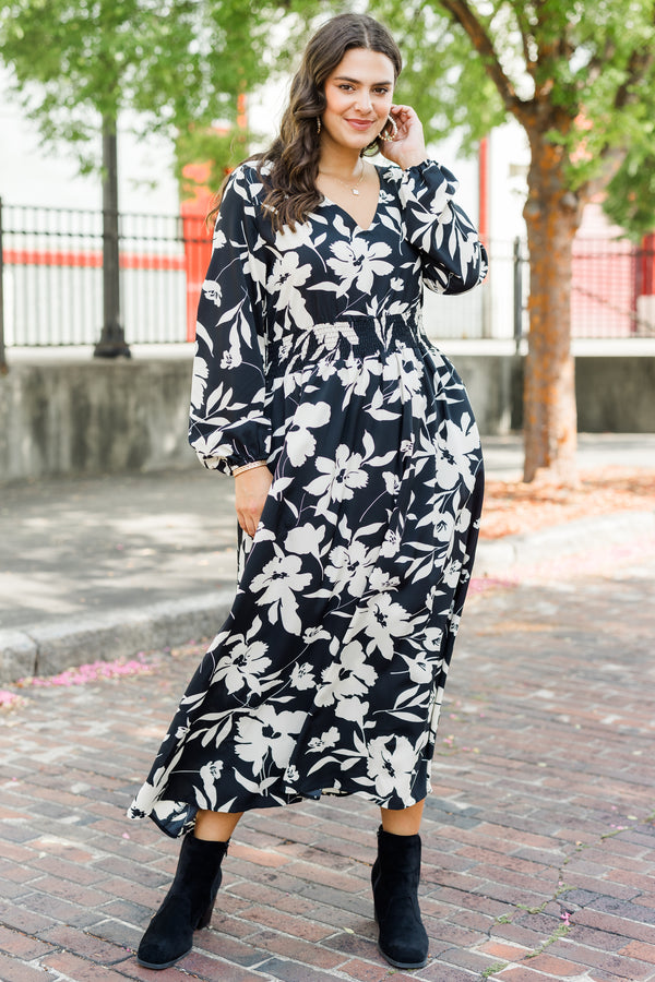 Chic Soul plus size clothing, black long sleeve midi dress with white floral print with cuff sleeves with v neckline and smocked synched waist