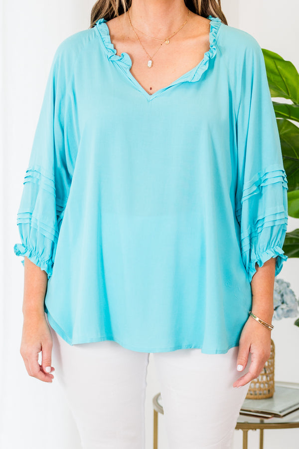 Chic Soul plus size clothing, three quarter length sleeve blue top with v neckline and tiered detail on sleeve
