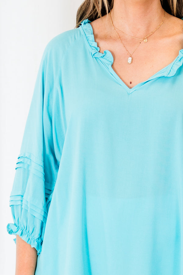 Chic Soul plus size clothing, three quarter length sleeve blue top with v neckline and tiered detail on sleeve