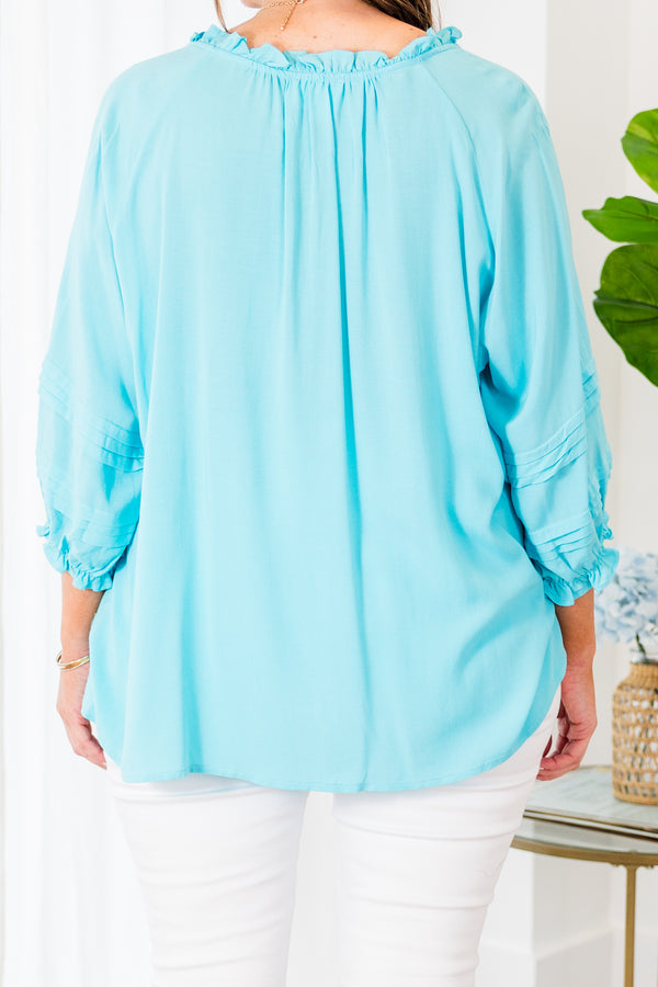 Chic Soul plus size clothing, three quarter length sleeve blue top with v neckline and tiered detail on sleeve