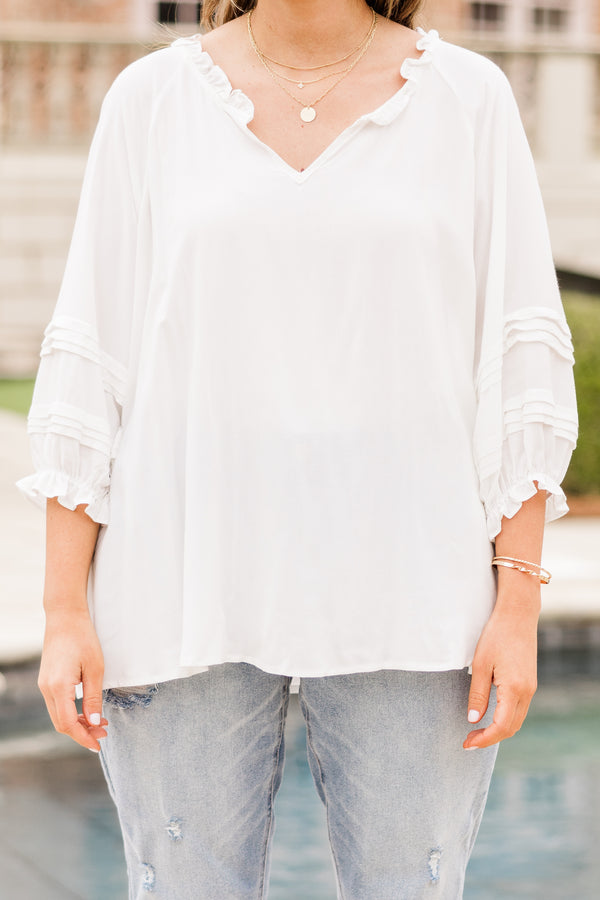 Chic Soul plus size clothing, ivory three quarter length sleeve blue top with v neckline and tiered detail on sleeve