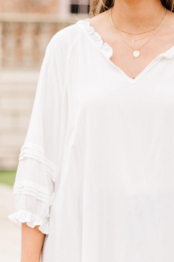 Chic Soul plus size clothing, ivory three quarter length sleeve blue top with v neckline and tiered detail on sleeve