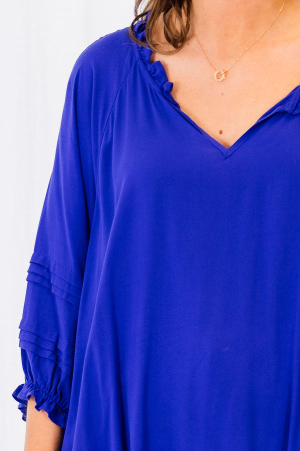 Chic Soul plus size clothing, royal blue long sleeve top with ruffle edges