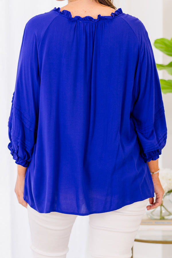 Chic Soul plus size clothing, royal blue long sleeve top with ruffle edges
