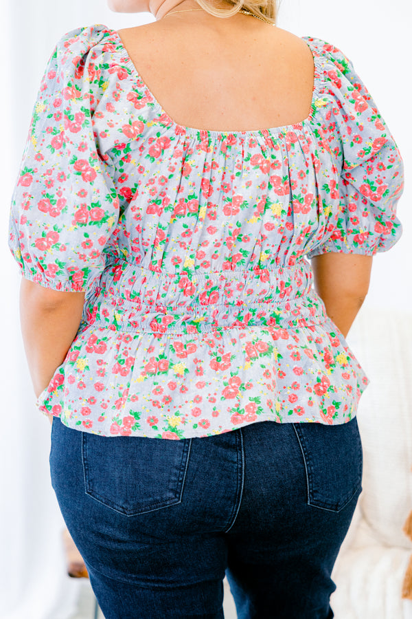 Chic Soul plus size clothing, washed light denim short sleeve peplum top with small multicolored floral design with cinched waist with cuffed puff sleeves with round neckline