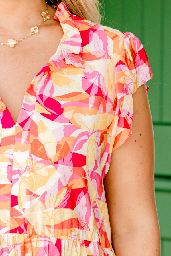 Chic Soul plus size clothing, orange and pink leafy tropical print short-flutter-sleeve v-neck dress