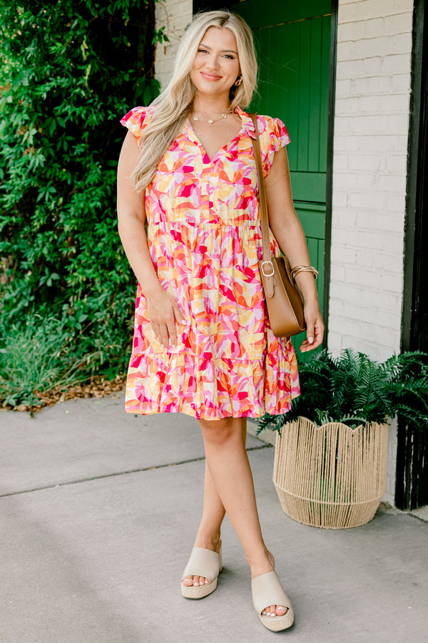Chic Soul plus size clothing, orange and pink leafy tropical print short-flutter-sleeve v-neck dress