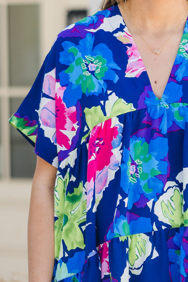 Chic Soul plus size clothing, blue short sleeve tiered flowy top with multi floral pattern with v neckline