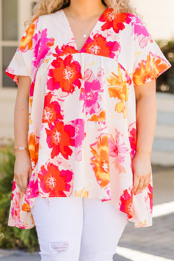 Chic Soul plus size clothing, orange and pink floral v-neck short sleeve top