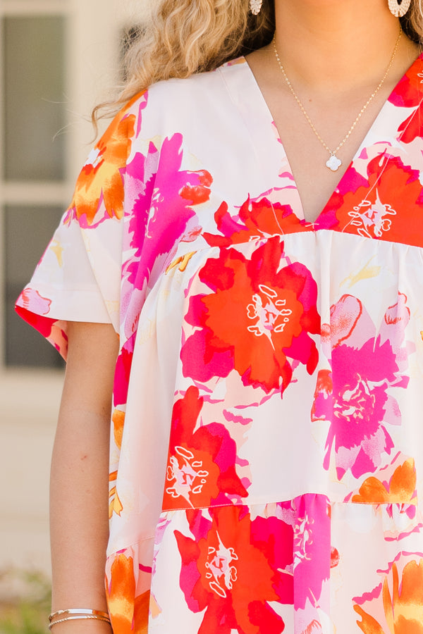 Chic Soul plus size clothing, orange and pink floral v-neck short sleeve top