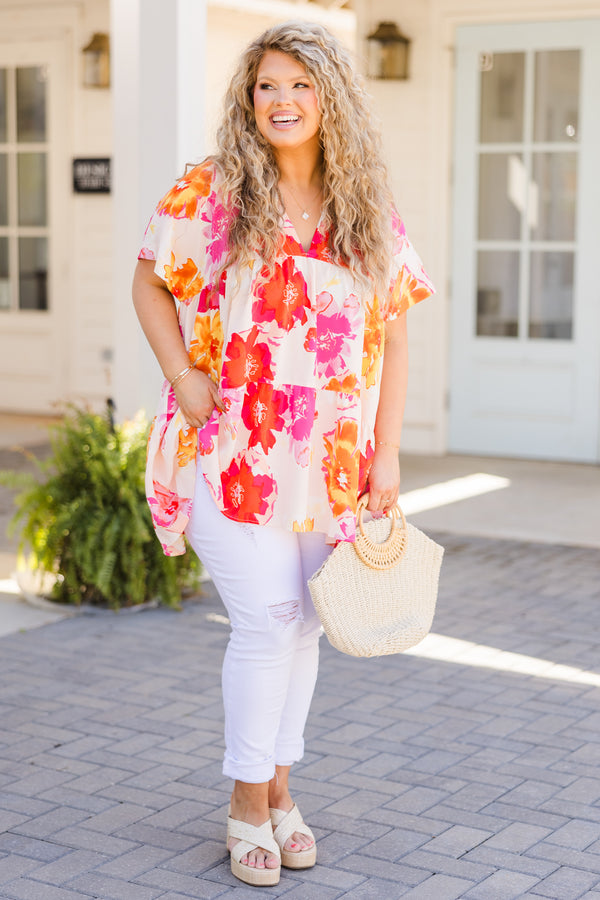 Chic Soul plus size clothing, orange and pink floral v-neck short sleeve top