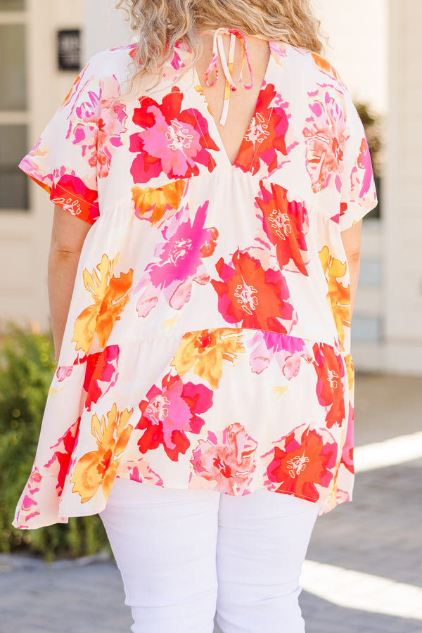 Chic Soul plus size clothing, orange and pink floral v-neck short sleeve top