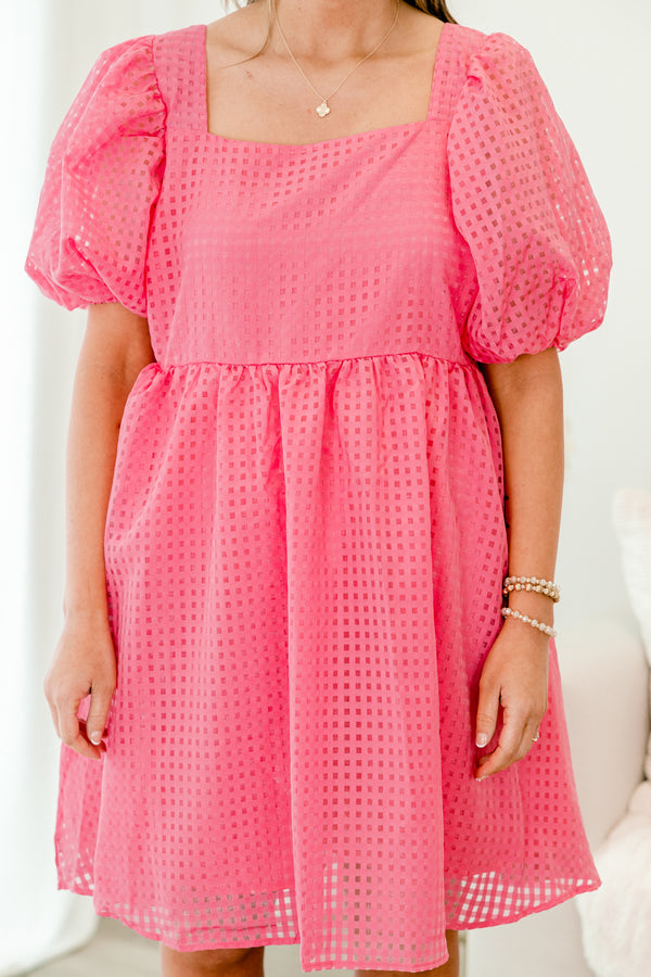 Chic Soul plus size clothing, pink short sleeve baby doll mini dress with square neckline and puff sleeves with cinched waist with square checkered mesh pattern