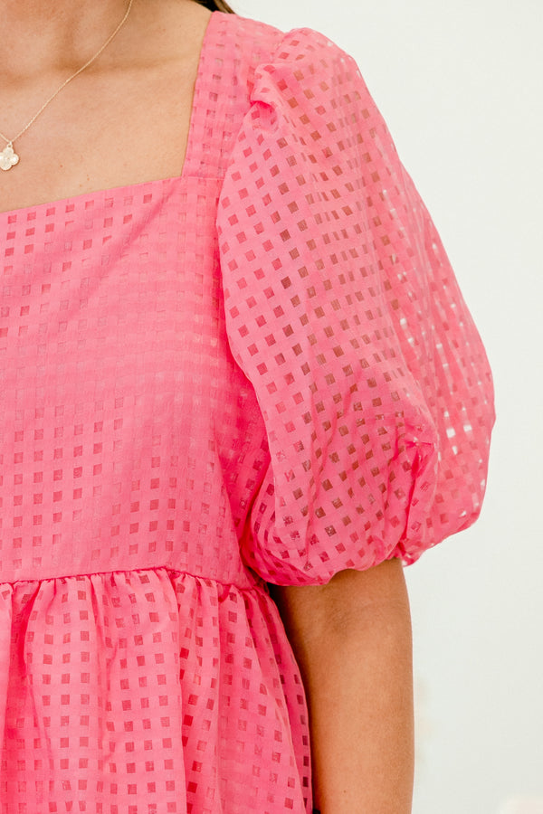 Chic Soul plus size clothing, pink short sleeve baby doll mini dress with square neckline and puff sleeves with cinched waist with square checkered mesh pattern