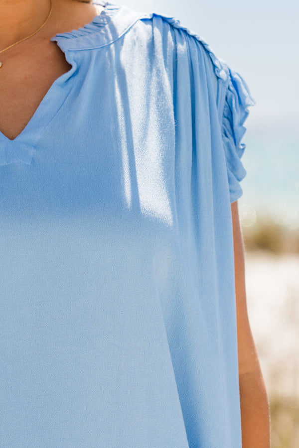 Chic Soul plus size clothing, short-flutter-sleeve pale blue top with a split-v-neckline and ruffled detailing along the neckline