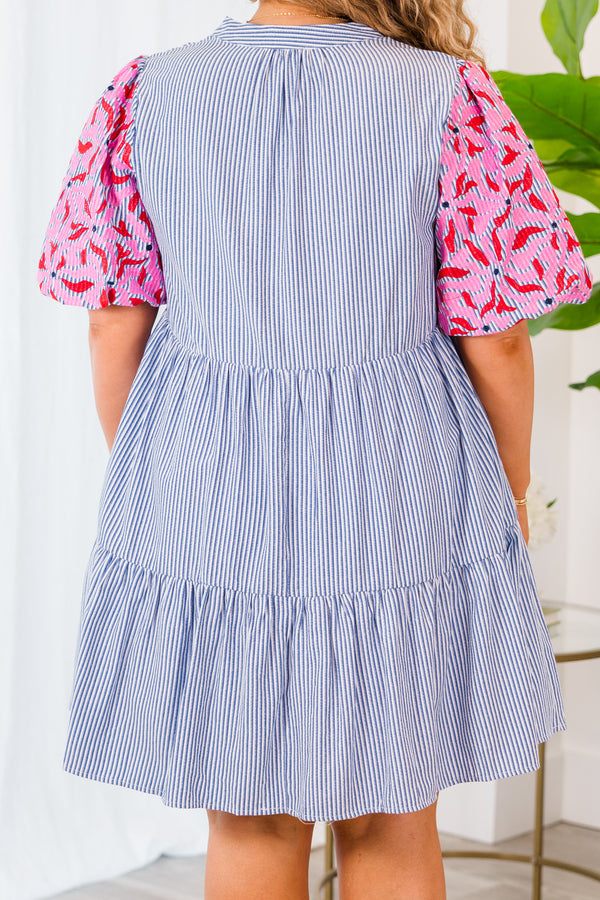 Chic Soul plus size clothing, short sleeve blue pin striped collared dress with v-neckline and red floral puffed sleeves